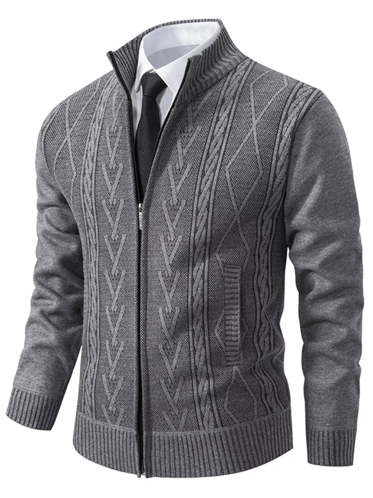 Men's Stand-Collar Full-Zip Detailed Cable-Knit Cardigan Jonathan M Collection