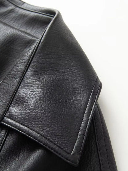 Double-Breasted Vegan Leather Belted Jacket The Nichole Collection