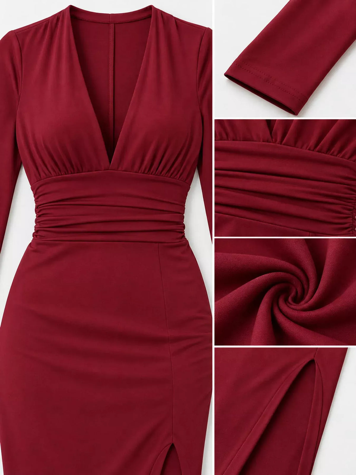 Long-Sleeve Deep V-Neck Ruched High-Slit Bodycon Dress The Nichole Collection - Official Site