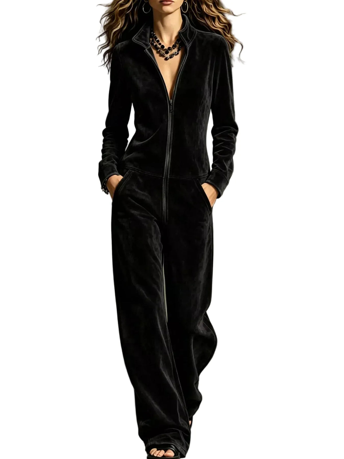Velour Zip-Up Jumpsuit with Pockets The Nichole Collection
