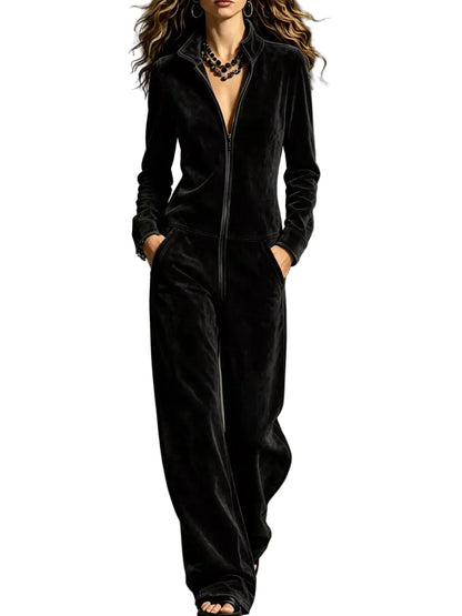 Velour Zip-Up Jumpsuit with Pockets The Nichole Collection