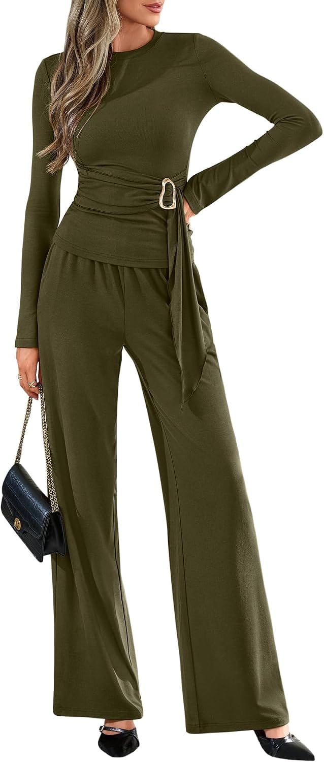 Belted Knit Top and Wide-Leg Pants Set The Nichole Collection