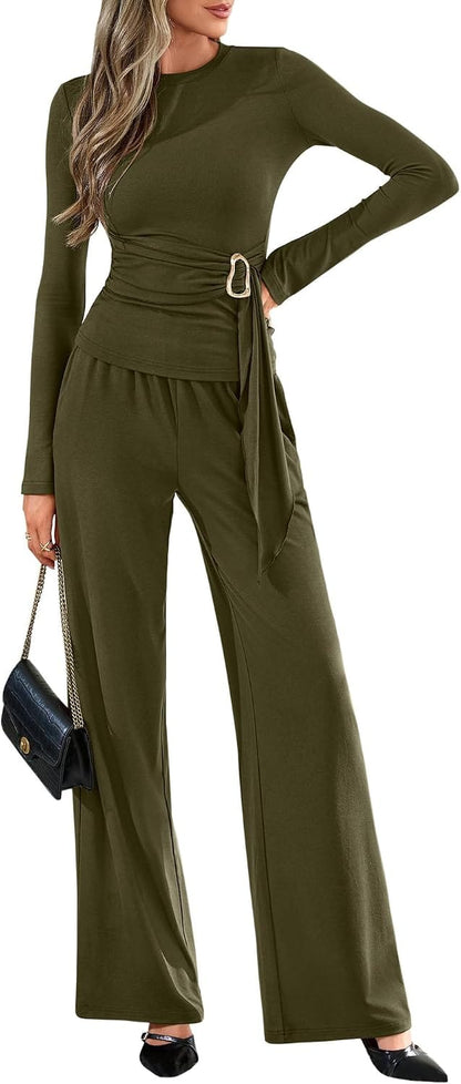 Belted Knit Top and Wide-Leg Pants Set The Nichole Collection