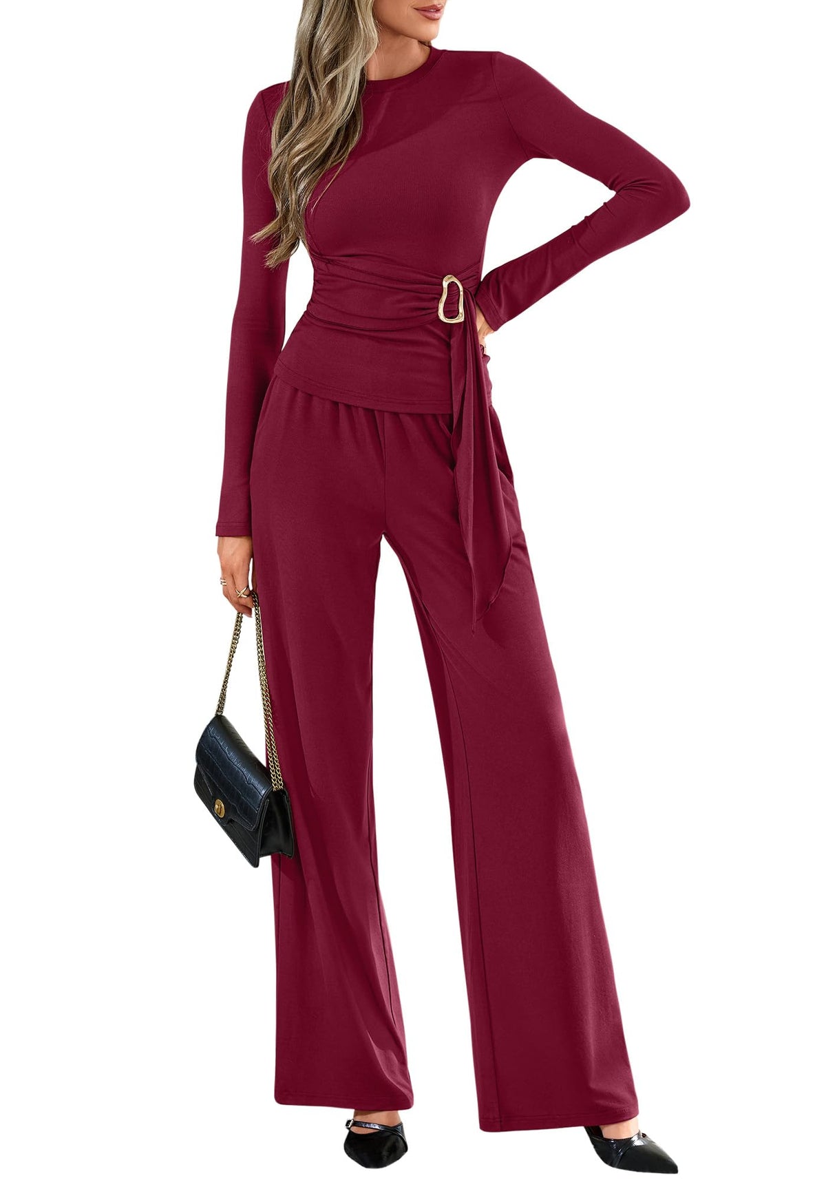 Belted Knit Top and Wide-Leg Pants Set The Nichole Collection