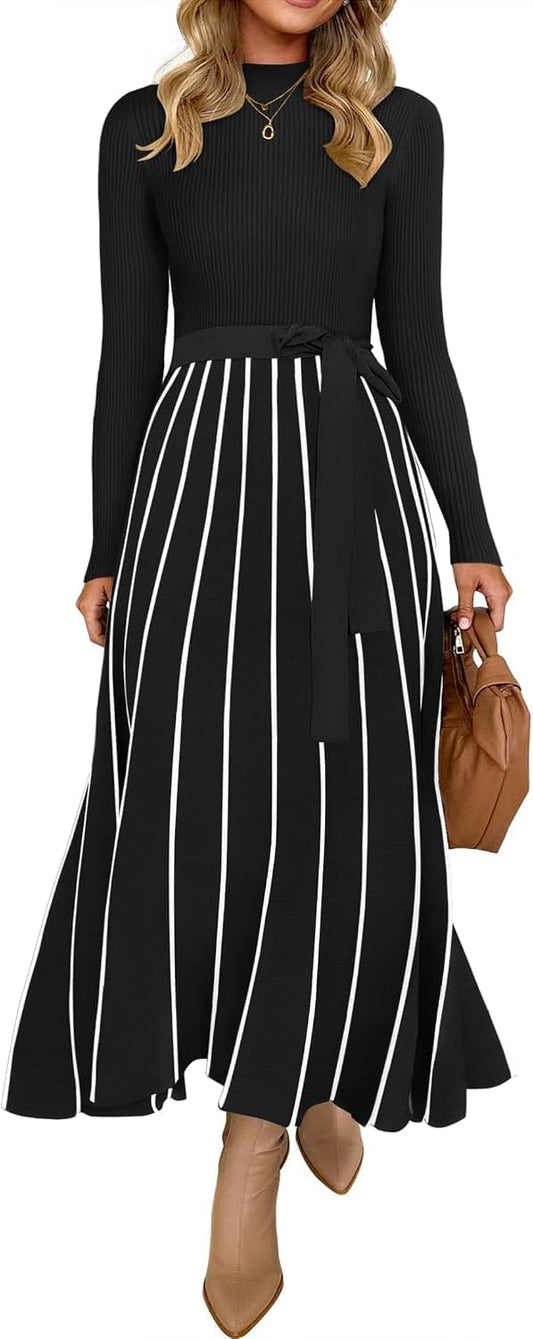 Belted Turtleneck A-Line Sweater Dress The Nichole Collection