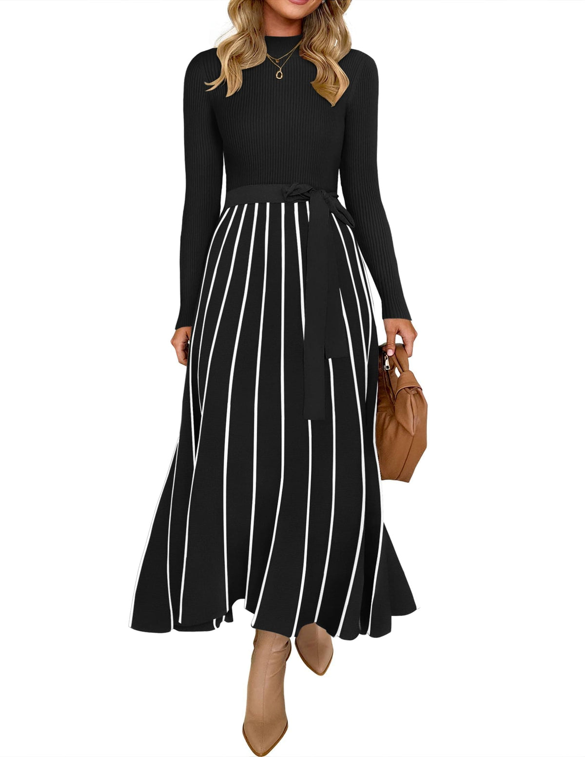 Belted Turtleneck A-Line Sweater Dress The Nichole Collection