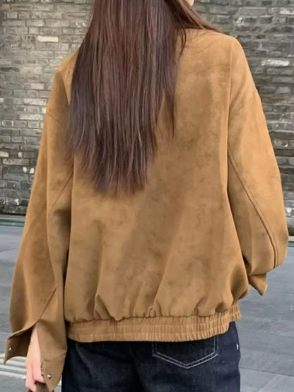 Zip-Up Elastic-Hem Sude Bomber Jacket The Nichole Collection