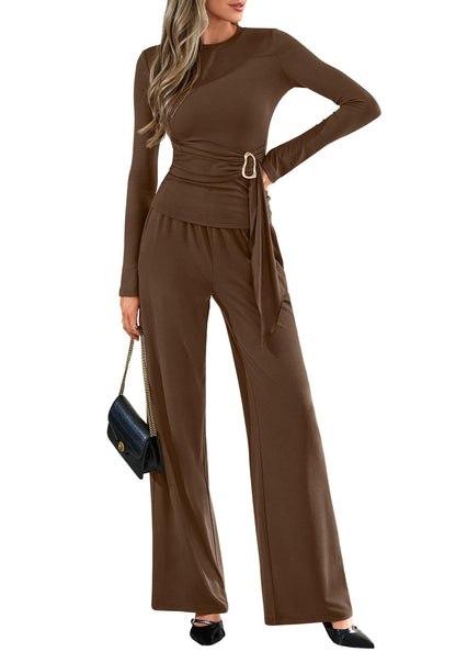 Belted Knit Top and Wide-Leg Pants Set The Nichole Collection