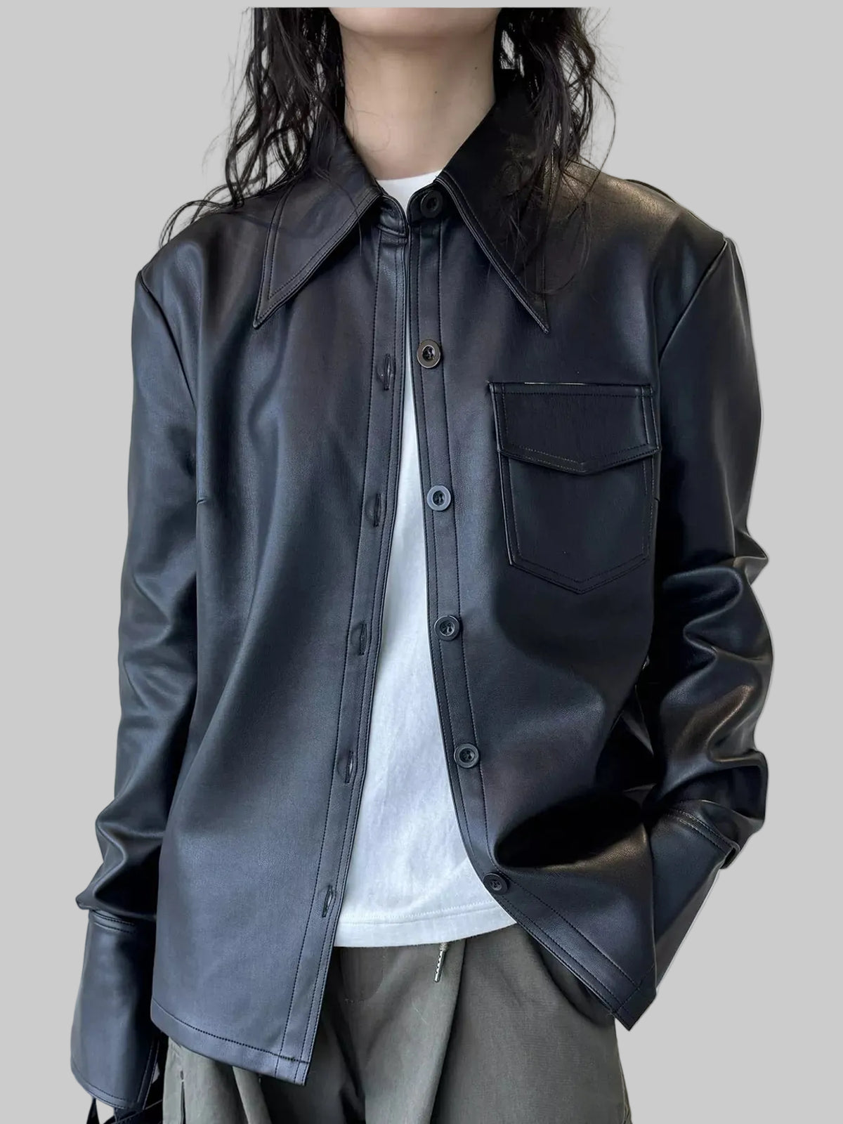 Point-Collar Faux-Leather Shacket The Nichole Collection