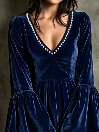 Velvet Bell-Sleeve Mini Dress with Pearl-Embellished V-Neck The Nichole Collection