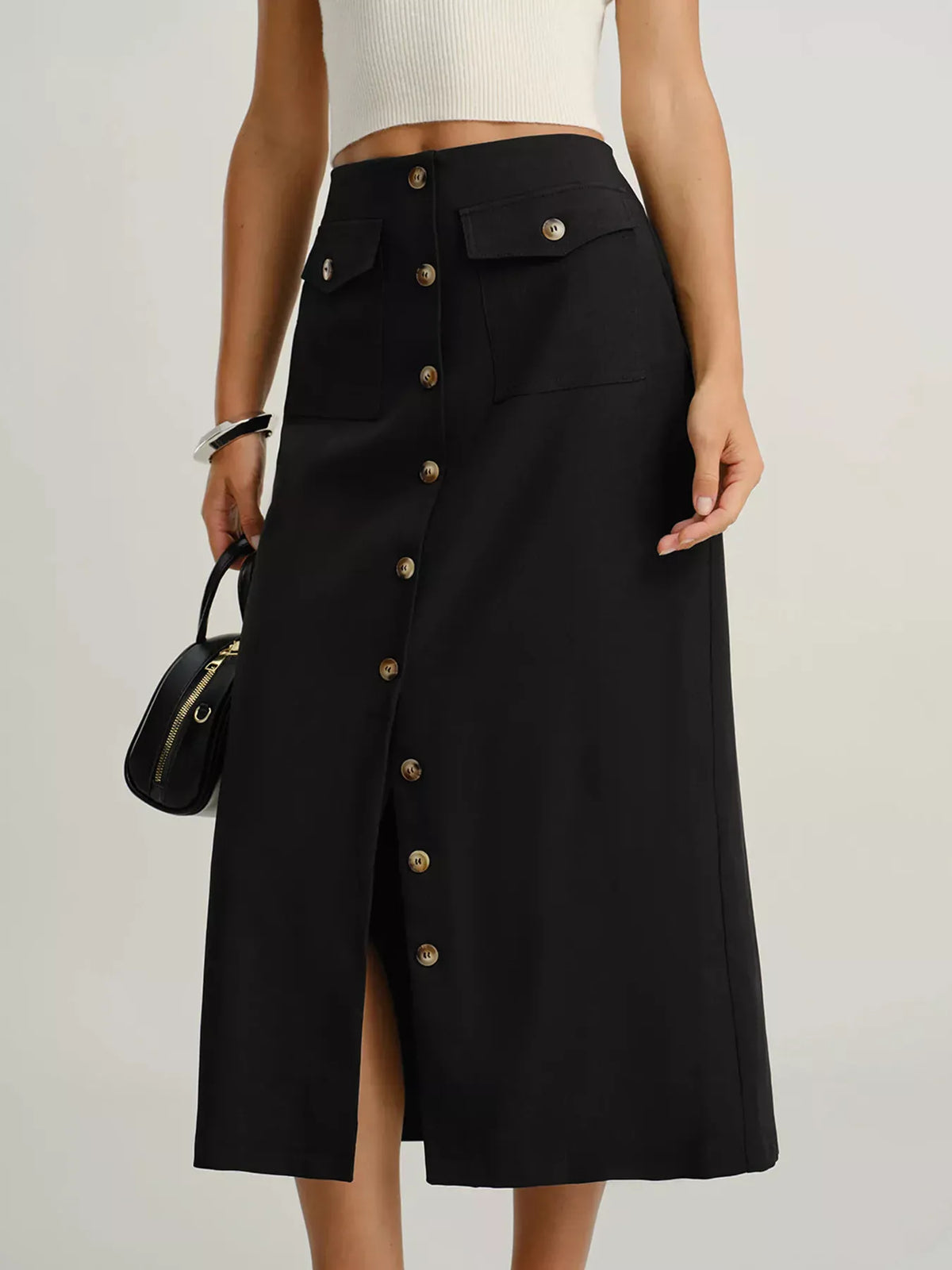 BUTTON-FRONT POCKETED MIDI SKIRT The Nichole Collection - Official Site