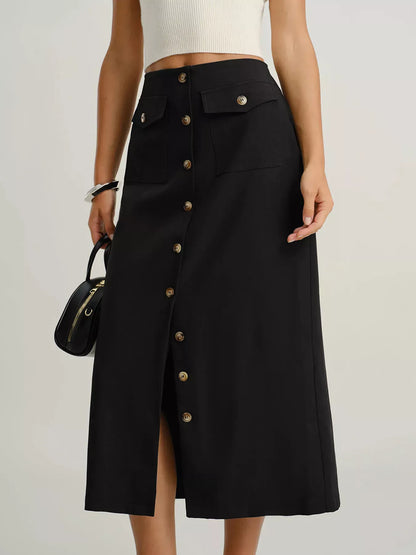 BUTTON-FRONT POCKETED MIDI SKIRT The Nichole Collection - Official Site