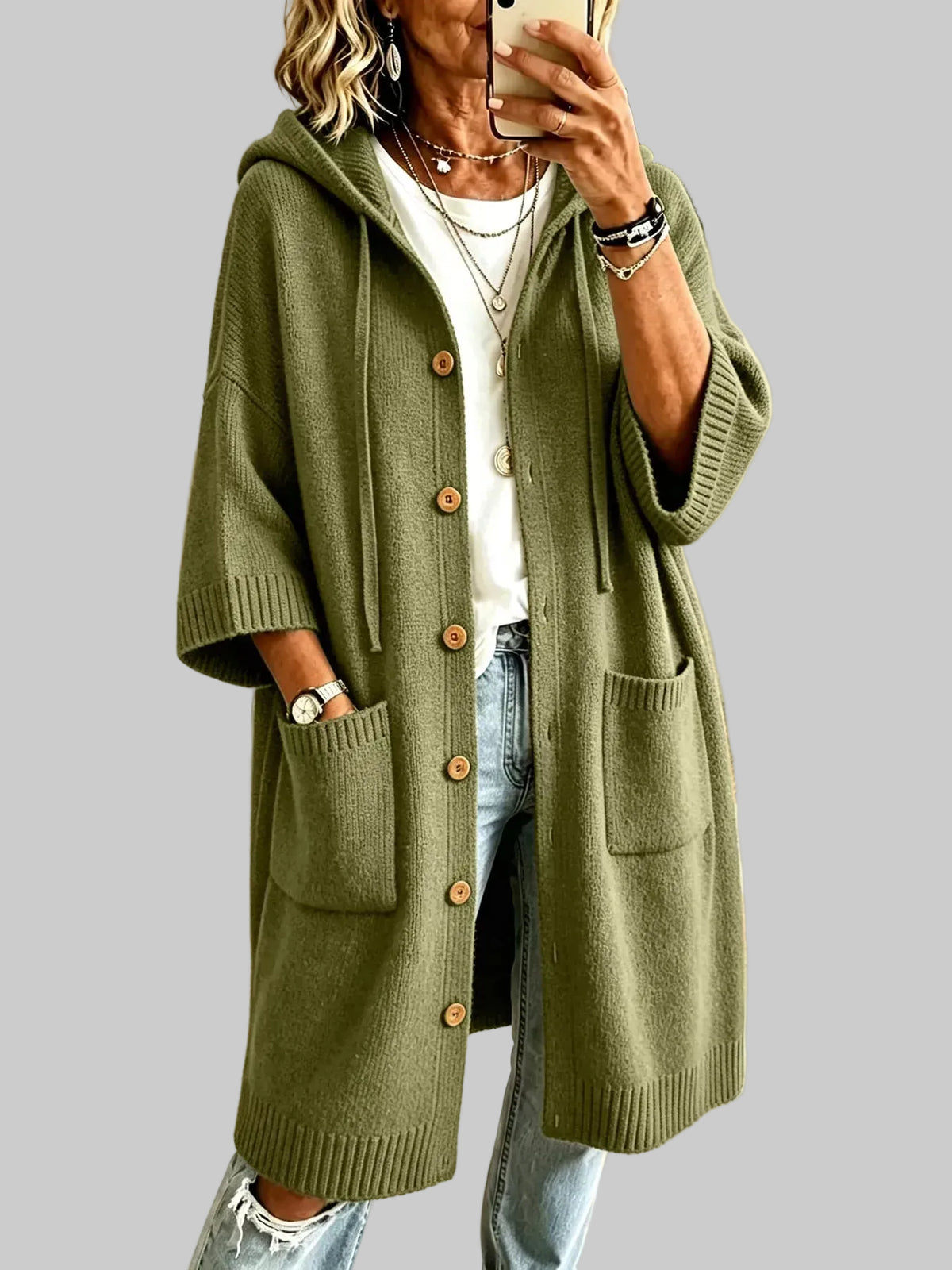 HOODED BUTTON-FRONT KNIT LONG CARDIGAN The Nichole Collection - Official Site
