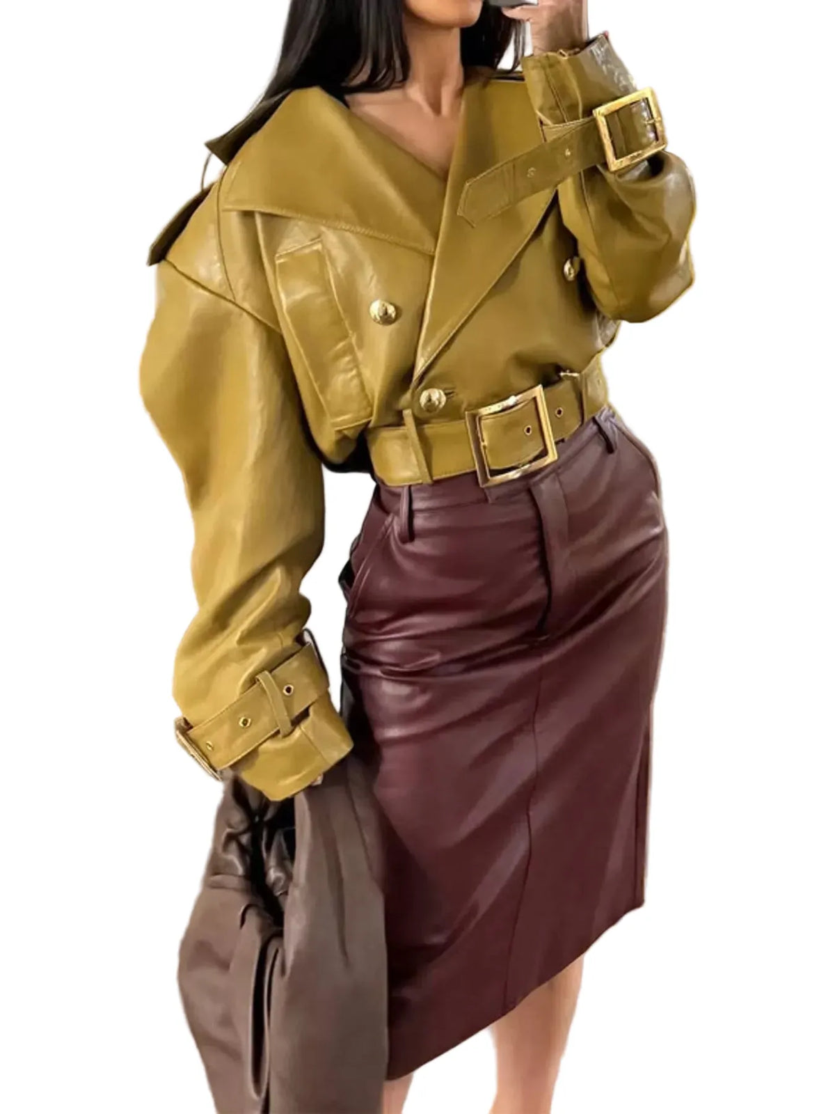 Faux-Leather Cropped Jacket with Buckle Details The Nichole Collection