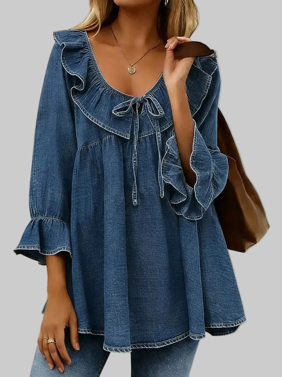 RUFFLED TIE-FRONT DENIM TOP The Nichole Collection - Official Site