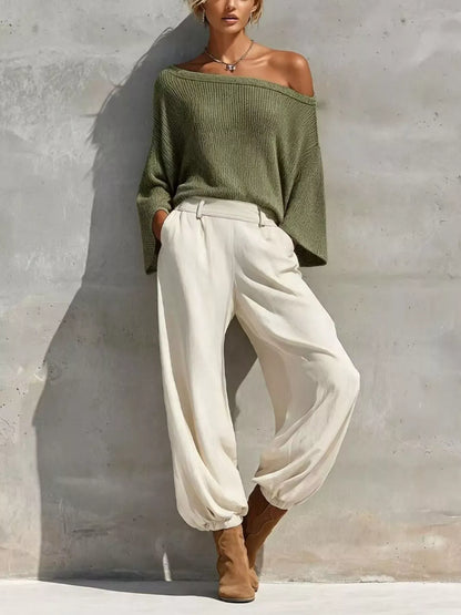 ONE-SHOULDER KNIT TOP & HIGH-WAIST PANTS SET The Nichole Collection - Official Site