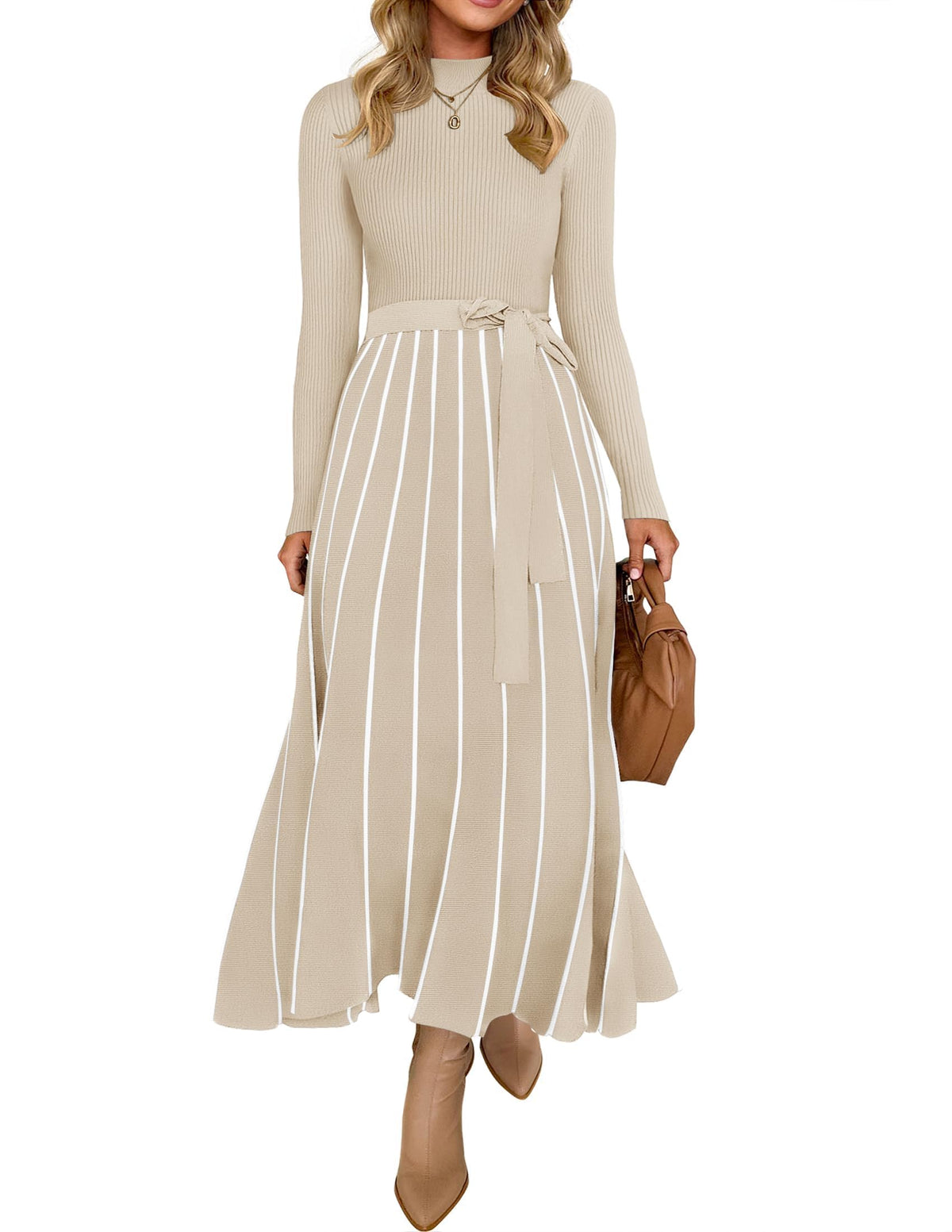 Belted Turtleneck A-Line Sweater Dress The Nichole Collection