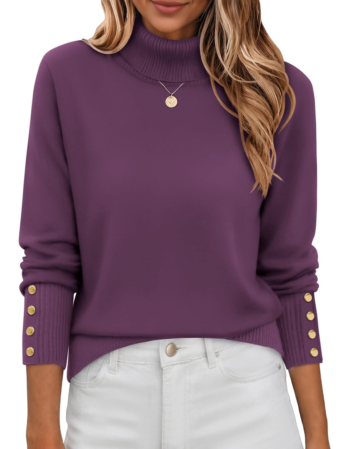 Button-Cuff Turtleneck Sweater The Nichole Collection