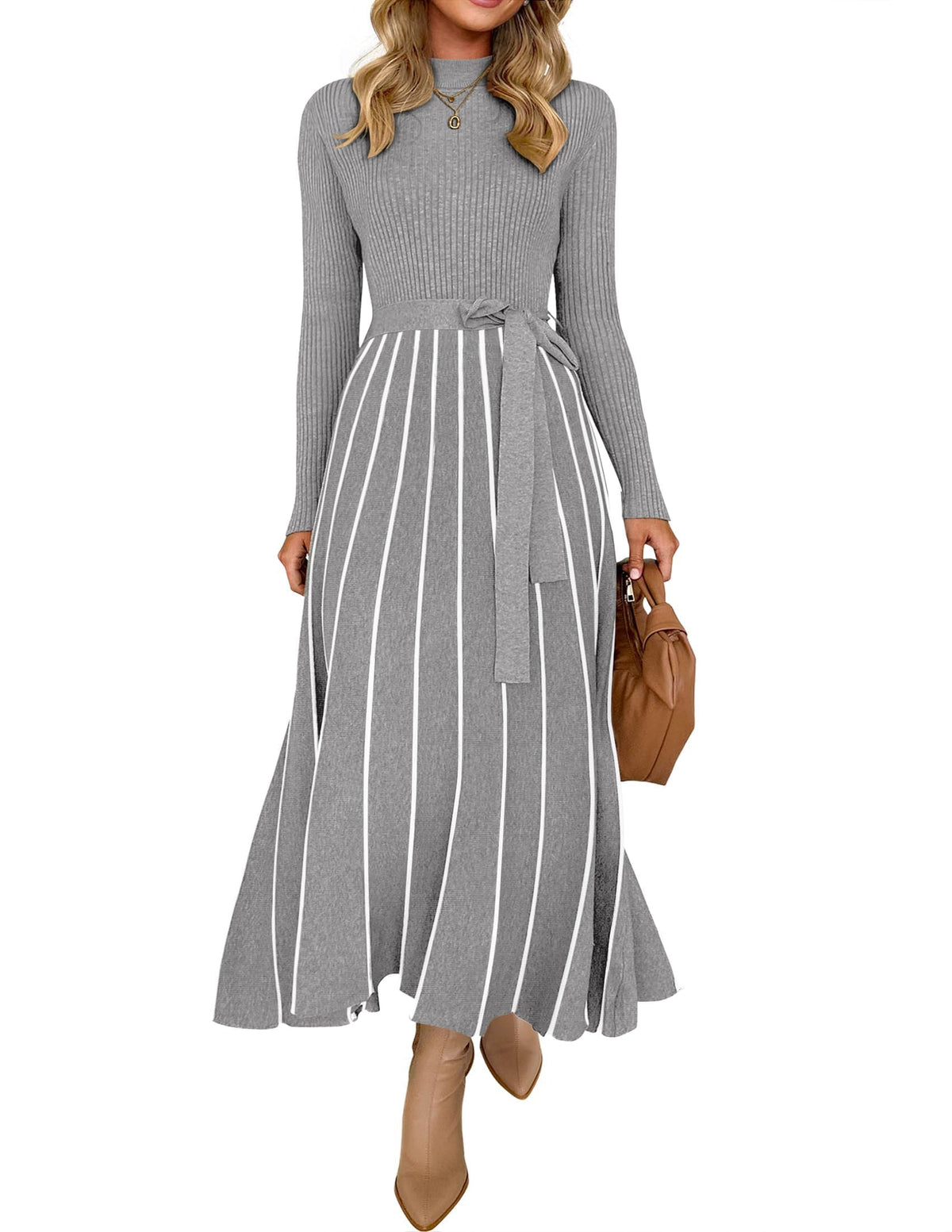 Belted Turtleneck A-Line Sweater Dress The Nichole Collection