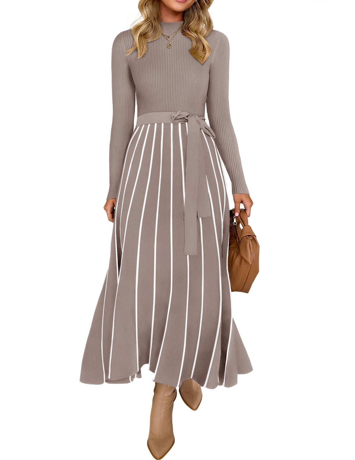 Belted Turtleneck A-Line Sweater Dress The Nichole Collection