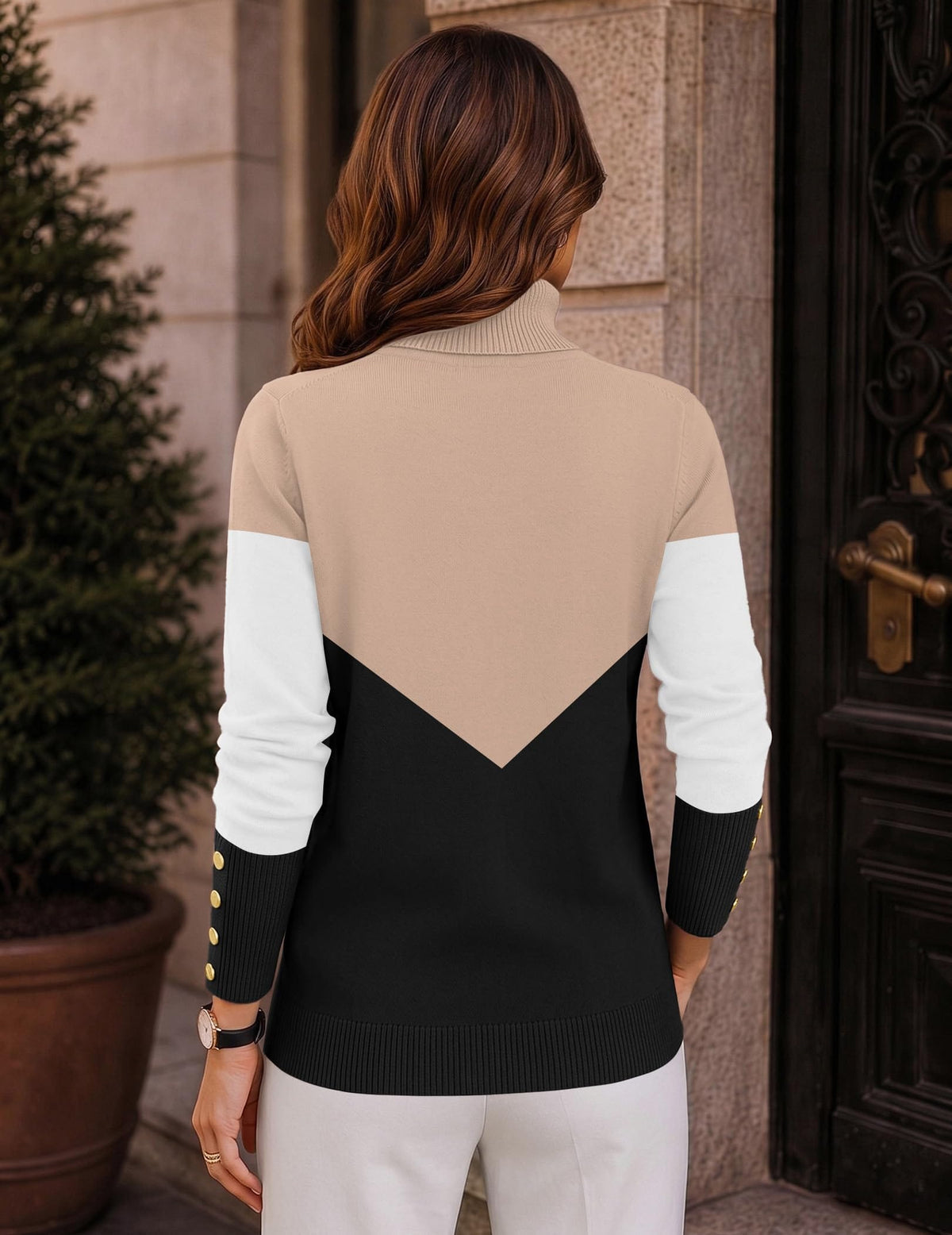 Button-Cuff Turtleneck Sweater The Nichole Collection