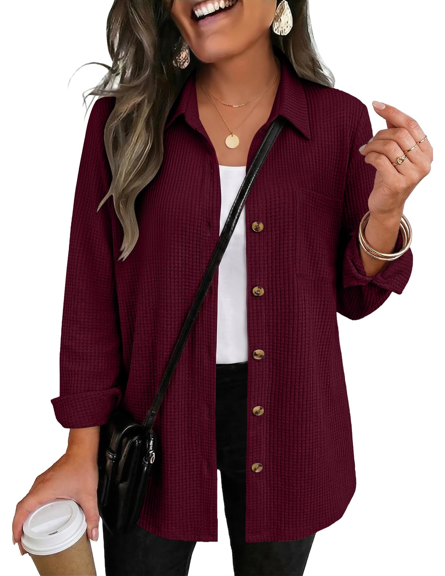 Waffle Knit Button-Down Shacket