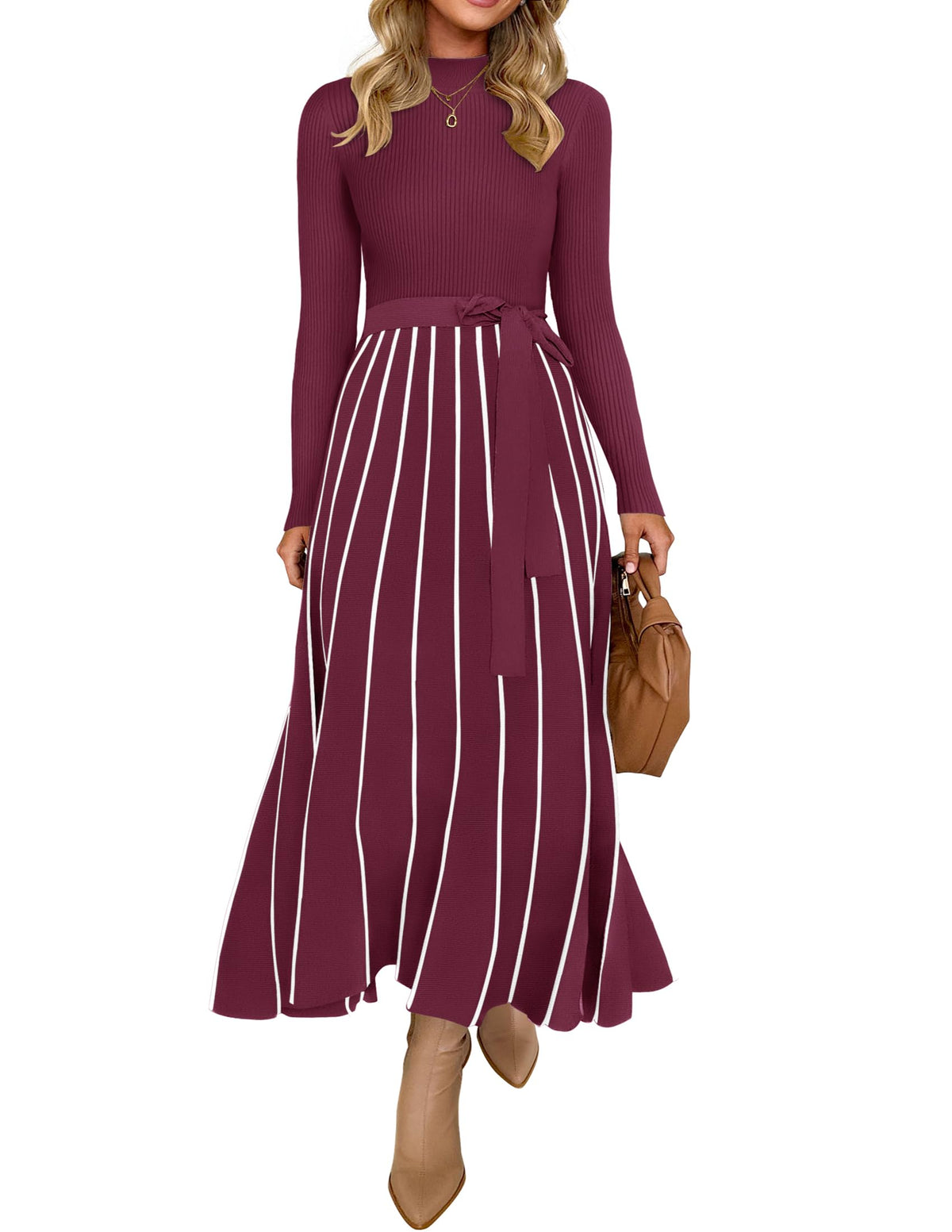 Belted Turtleneck A-Line Sweater Dress The Nichole Collection