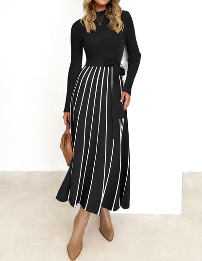 Belted Turtleneck A-Line Sweater Dress The Nichole Collection