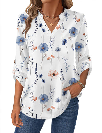 Women’s Plaid V-Neck Shirt – Long Sleeve Roll-Up Top