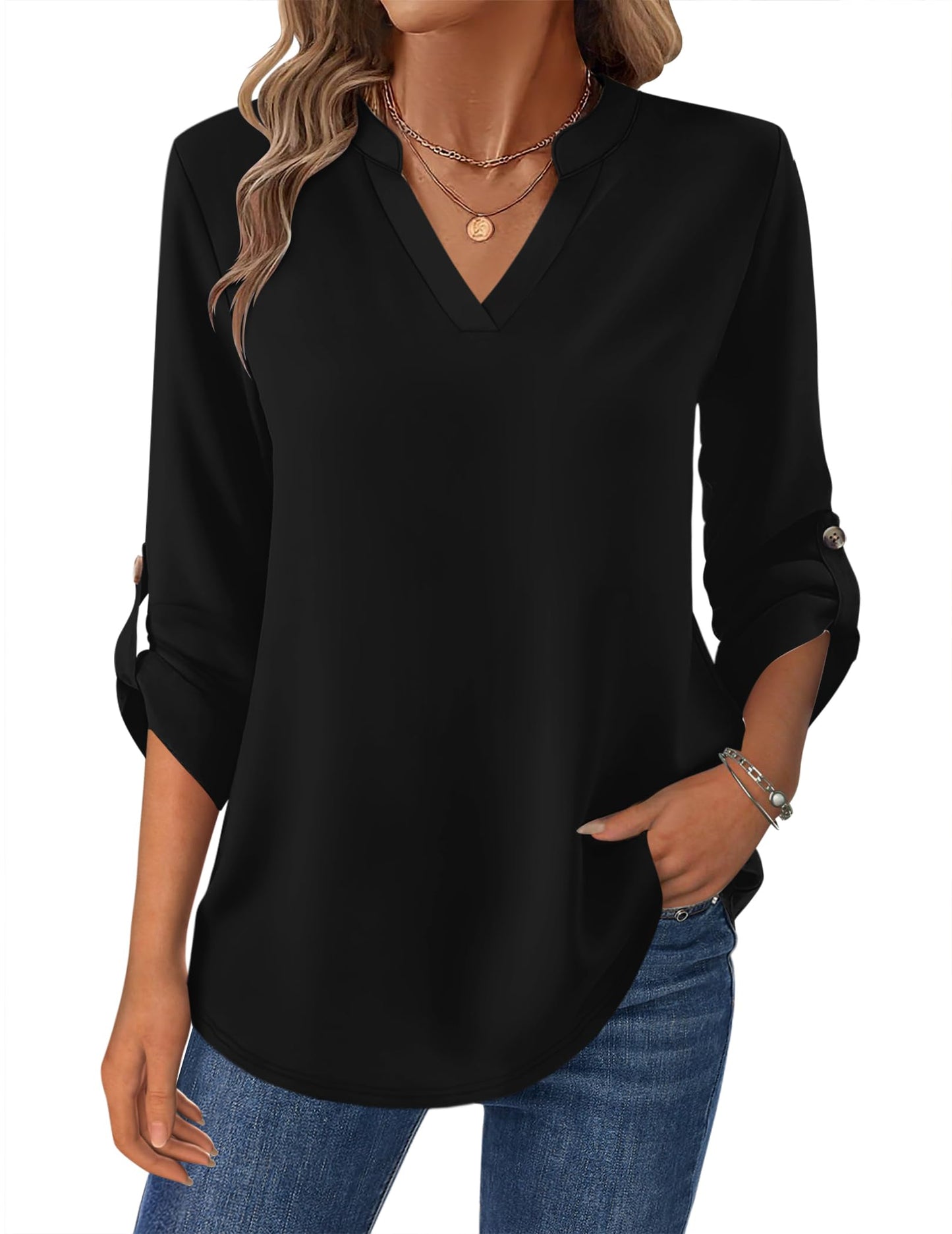 Women’s Plaid V-Neck Shirt – Long Sleeve Roll-Up Top