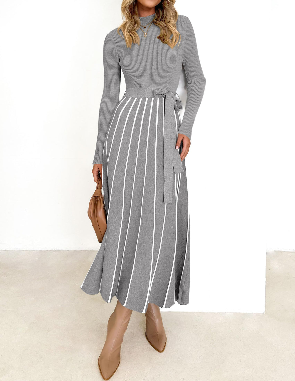 Belted Turtleneck A-Line Sweater Dress The Nichole Collection