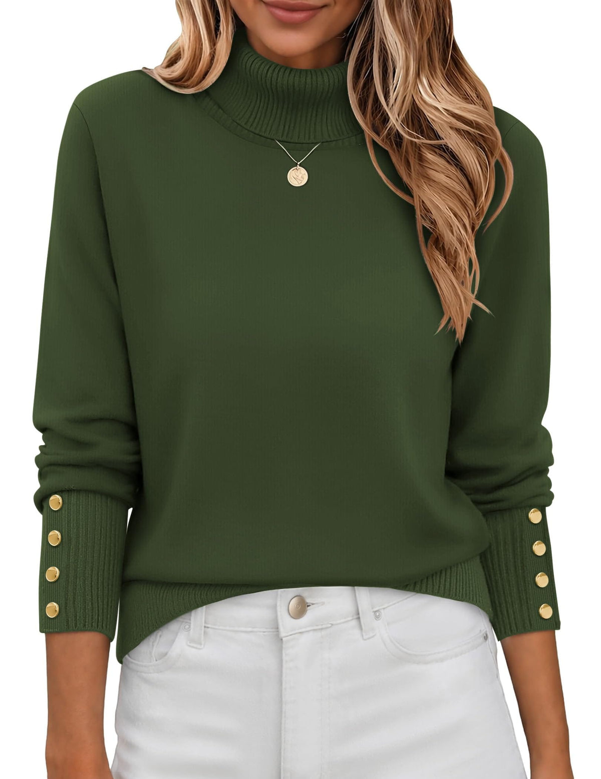 Button-Cuff Turtleneck Sweater The Nichole Collection