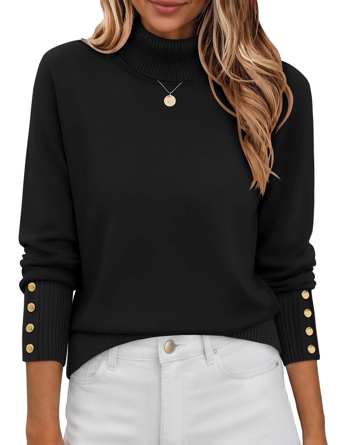 Button-Cuff Turtleneck Sweater The Nichole Collection