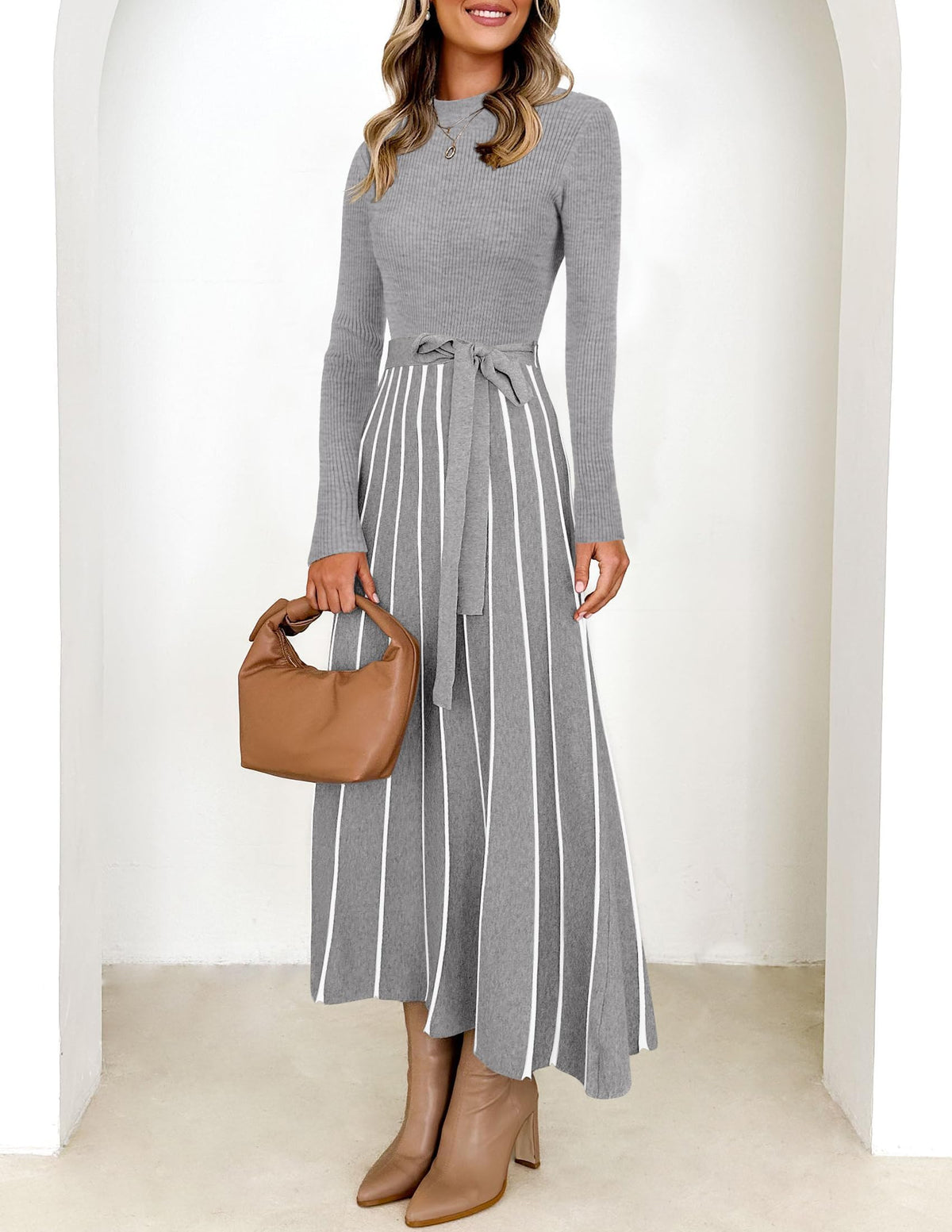 Belted Turtleneck A-Line Sweater Dress The Nichole Collection