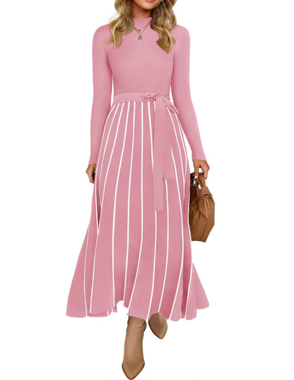 Belted Turtleneck A-Line Sweater Dress The Nichole Collection
