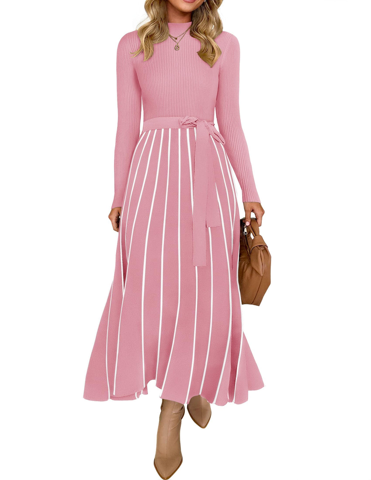 Belted Turtleneck A-Line Sweater Dress The Nichole Collection