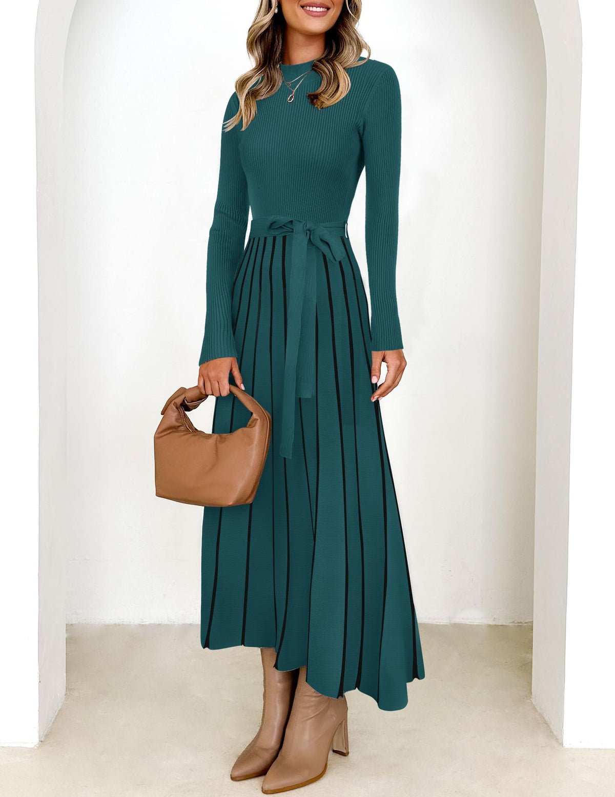 Belted Turtleneck A-Line Sweater Dress The Nichole Collection
