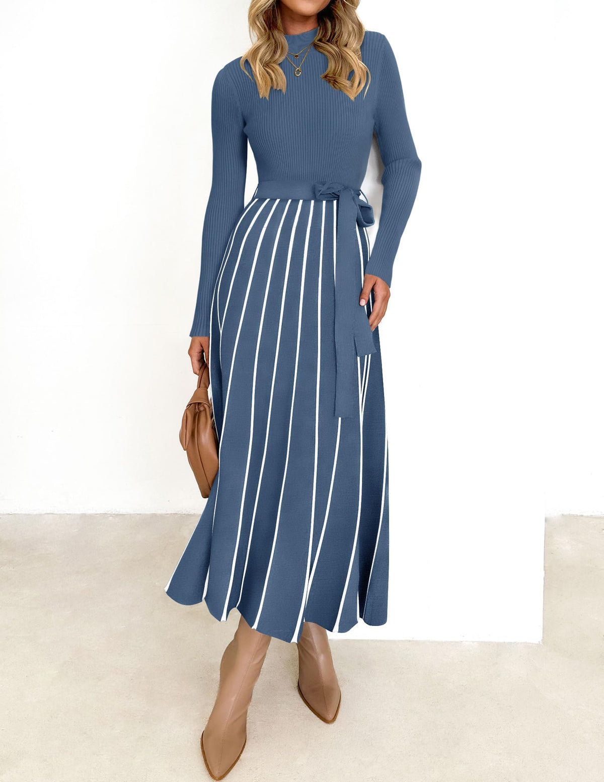 Belted Turtleneck A-Line Sweater Dress The Nichole Collection