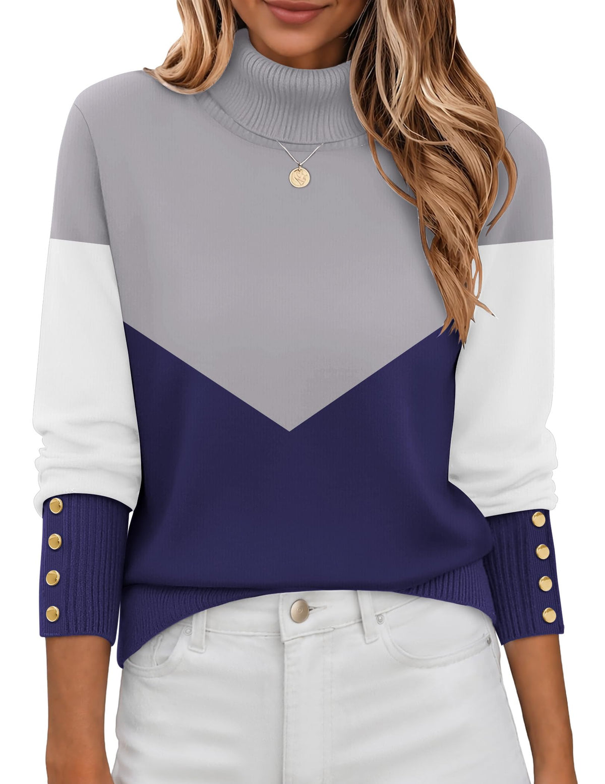 Button-Cuff Turtleneck Sweater The Nichole Collection