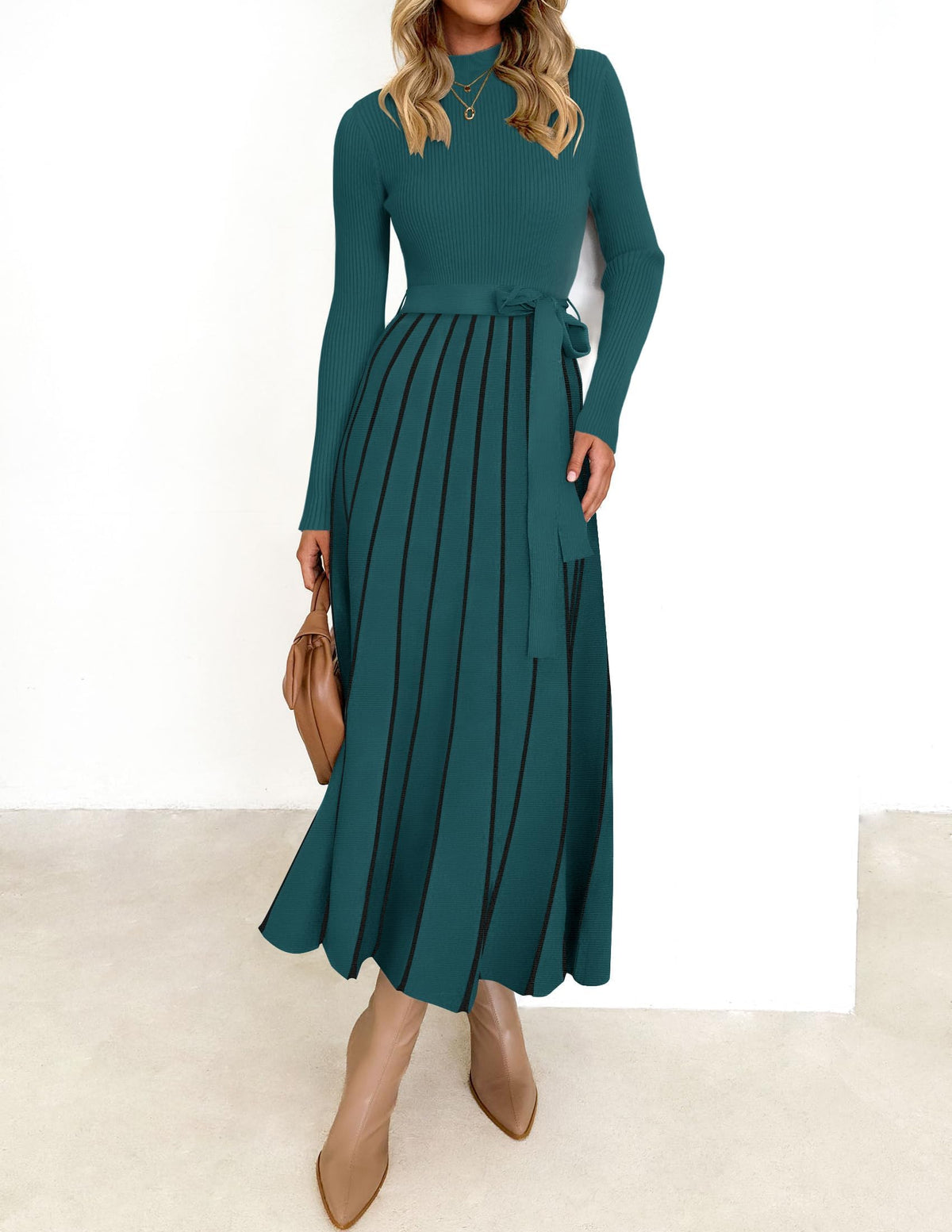 Belted Turtleneck A-Line Sweater Dress The Nichole Collection