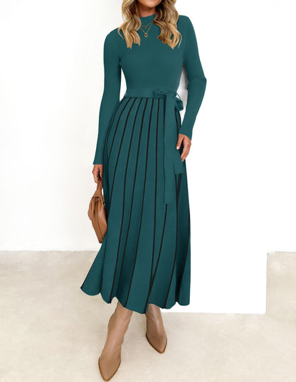 Belted Turtleneck A-Line Sweater Dress The Nichole Collection