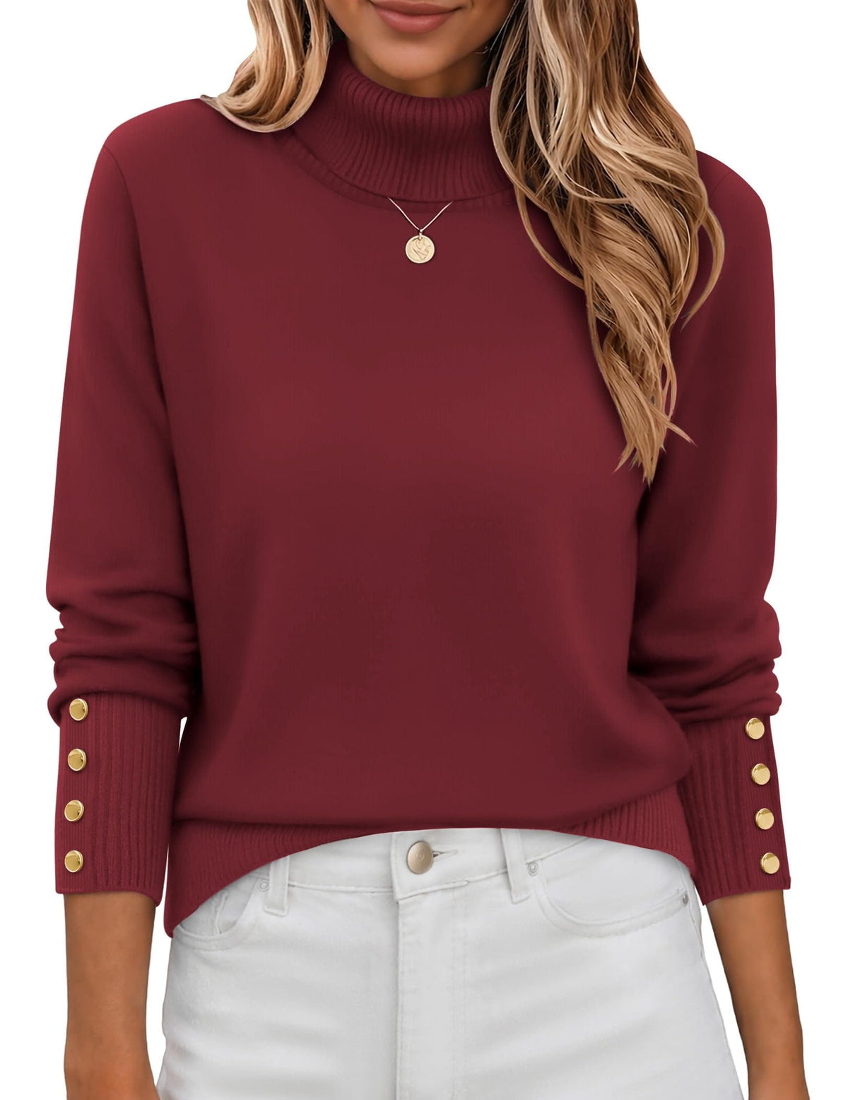 Button-Cuff Turtleneck Sweater The Nichole Collection