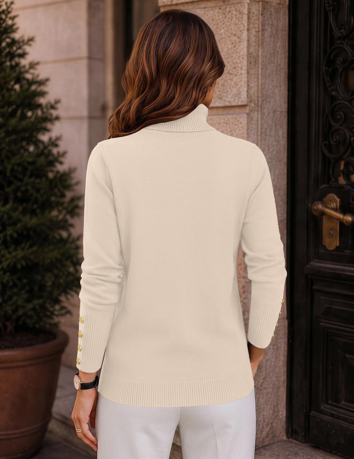 Button-Cuff Turtleneck Sweater The Nichole Collection