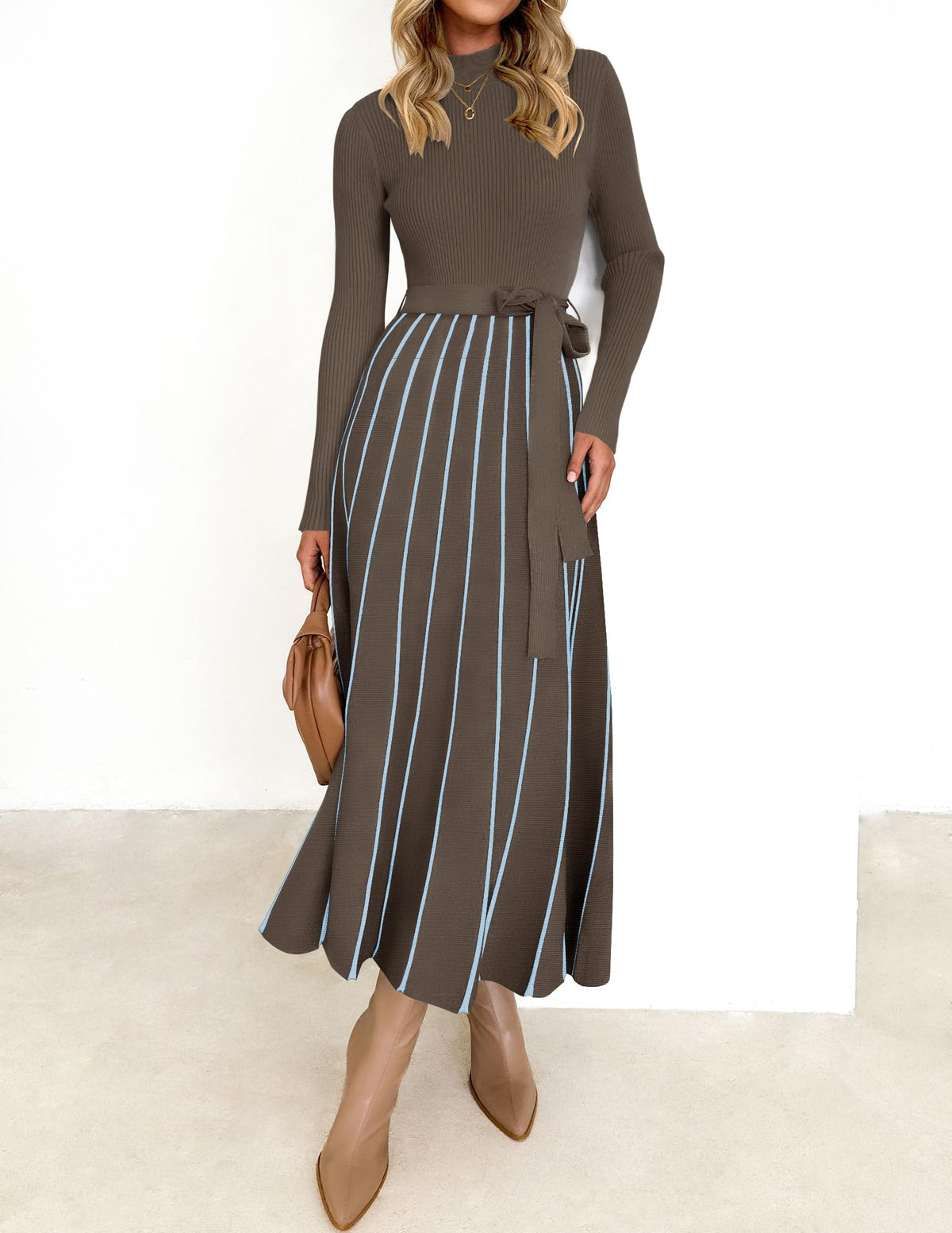 Belted Turtleneck A-Line Sweater Dress The Nichole Collection