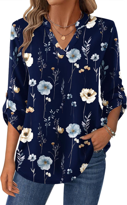 Women’s Plaid V-Neck Shirt – Long Sleeve Roll-Up Top