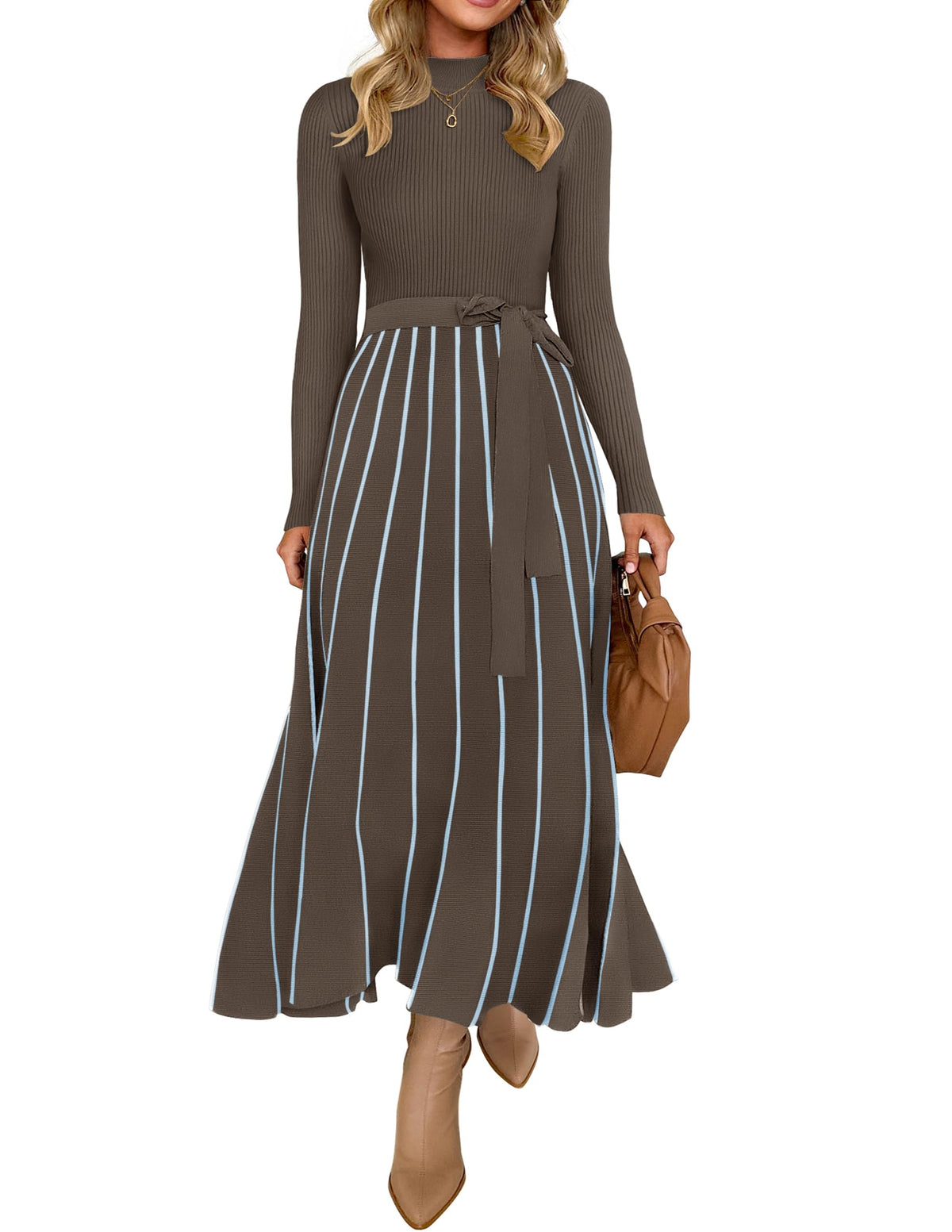 Belted Turtleneck A-Line Sweater Dress The Nichole Collection