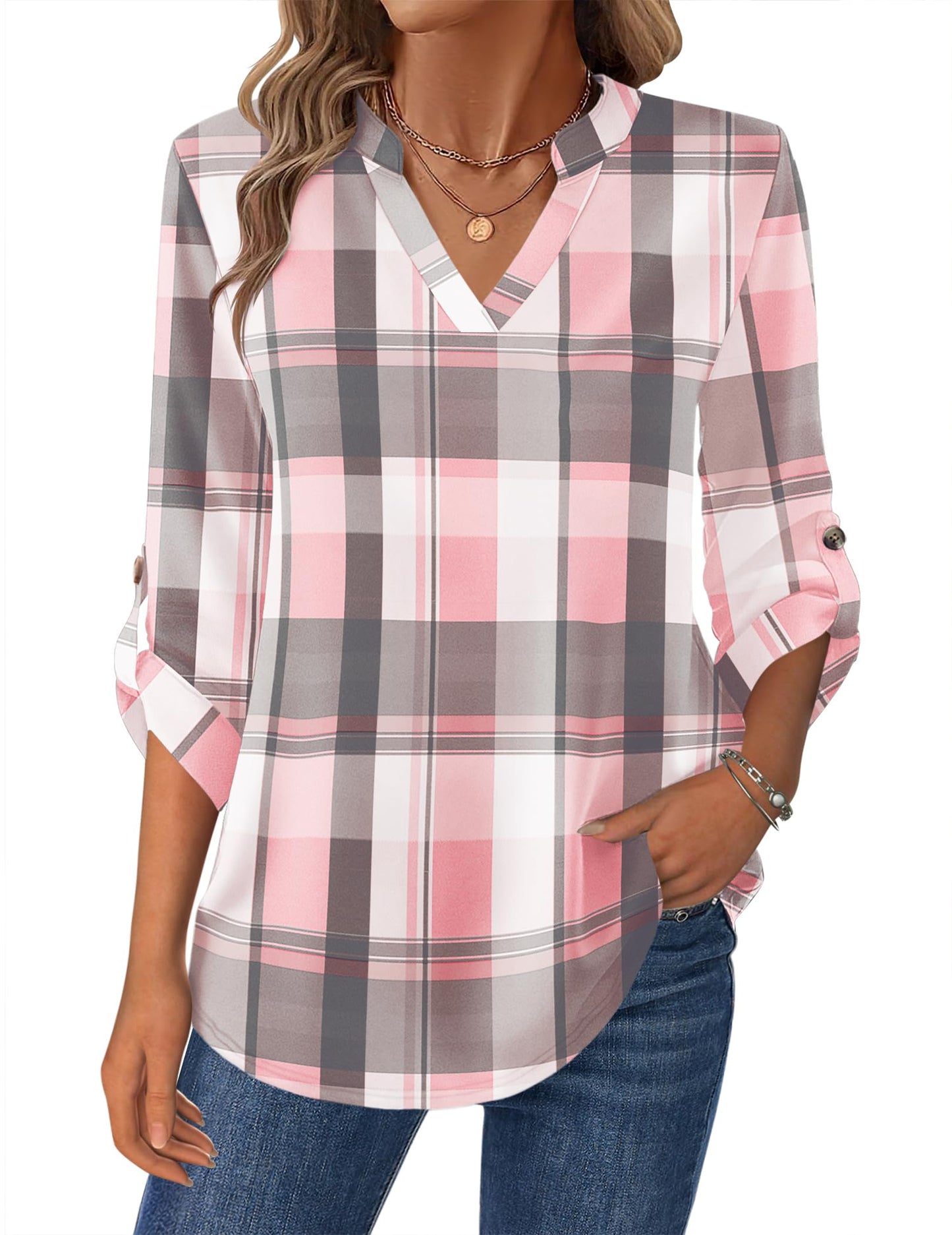 Women’s Plaid V-Neck Shirt – Long Sleeve Roll-Up Top