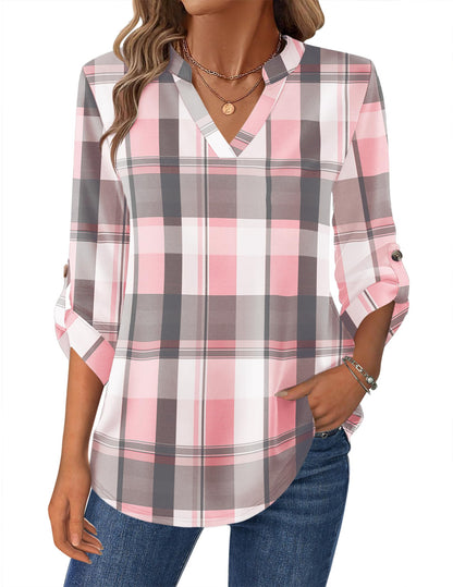 Women’s Plaid V-Neck Shirt – Long Sleeve Roll-Up Top