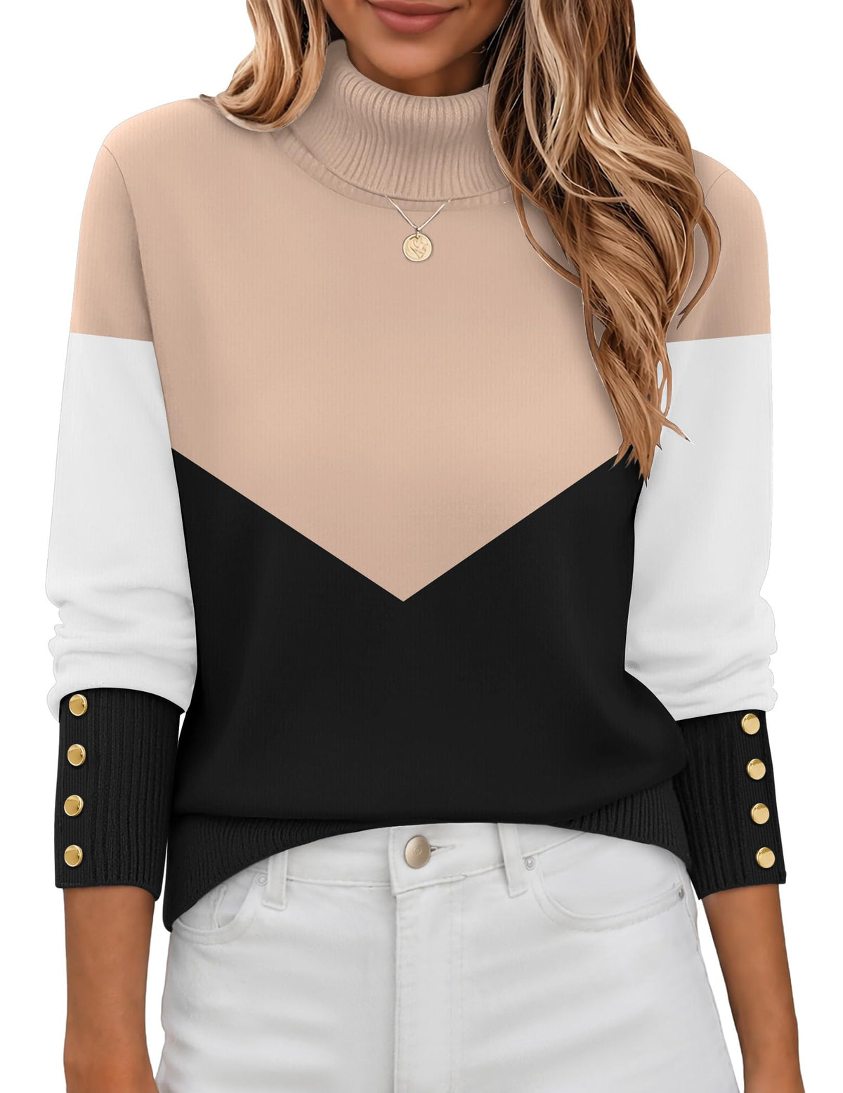 Button-Cuff Turtleneck Sweater The Nichole Collection