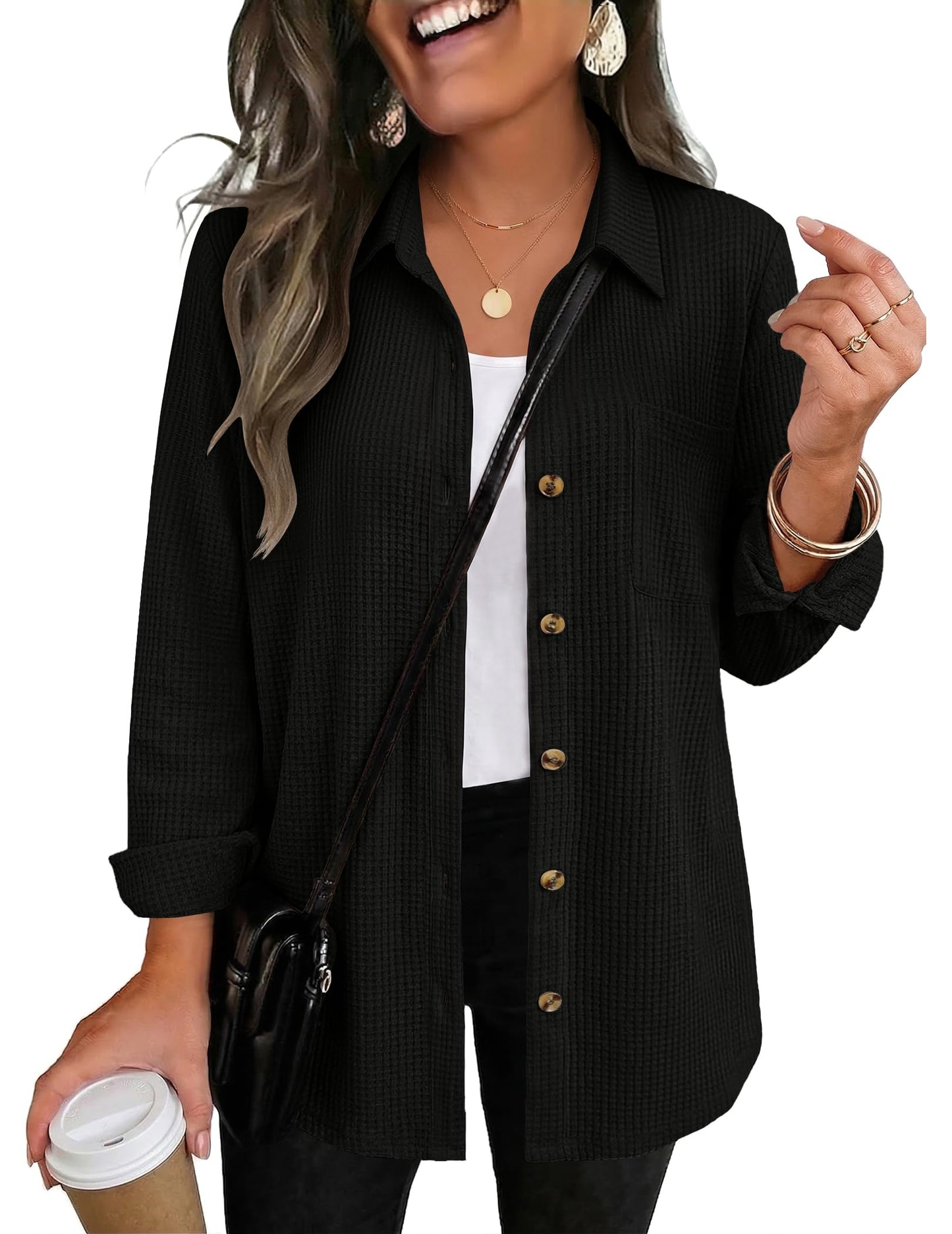 Waffle Knit Button-Down Shacket